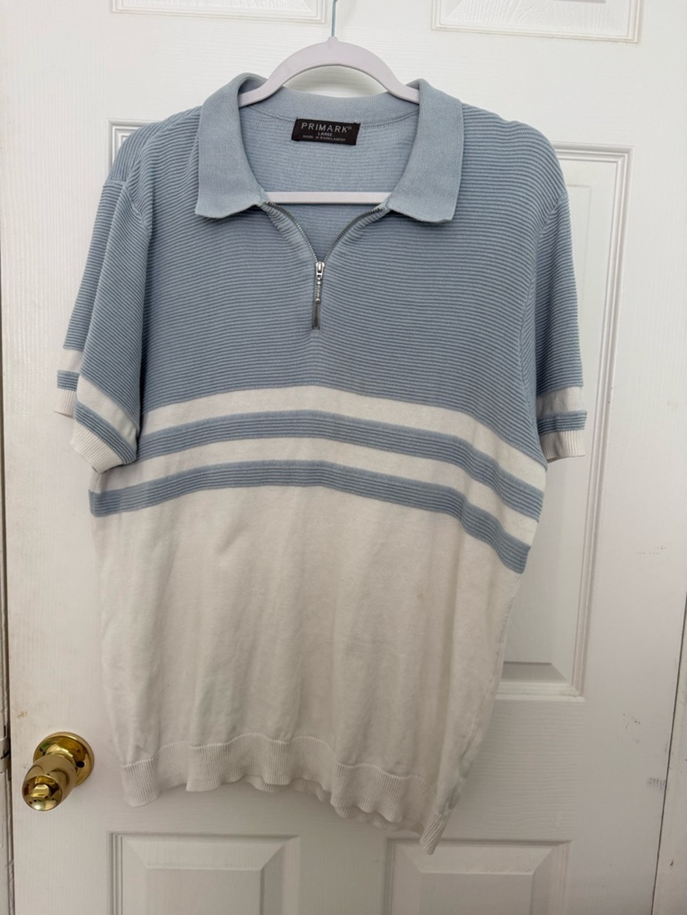 Primark Men's Short Sleeve Zip Polo in Light Blue and Cream Size L